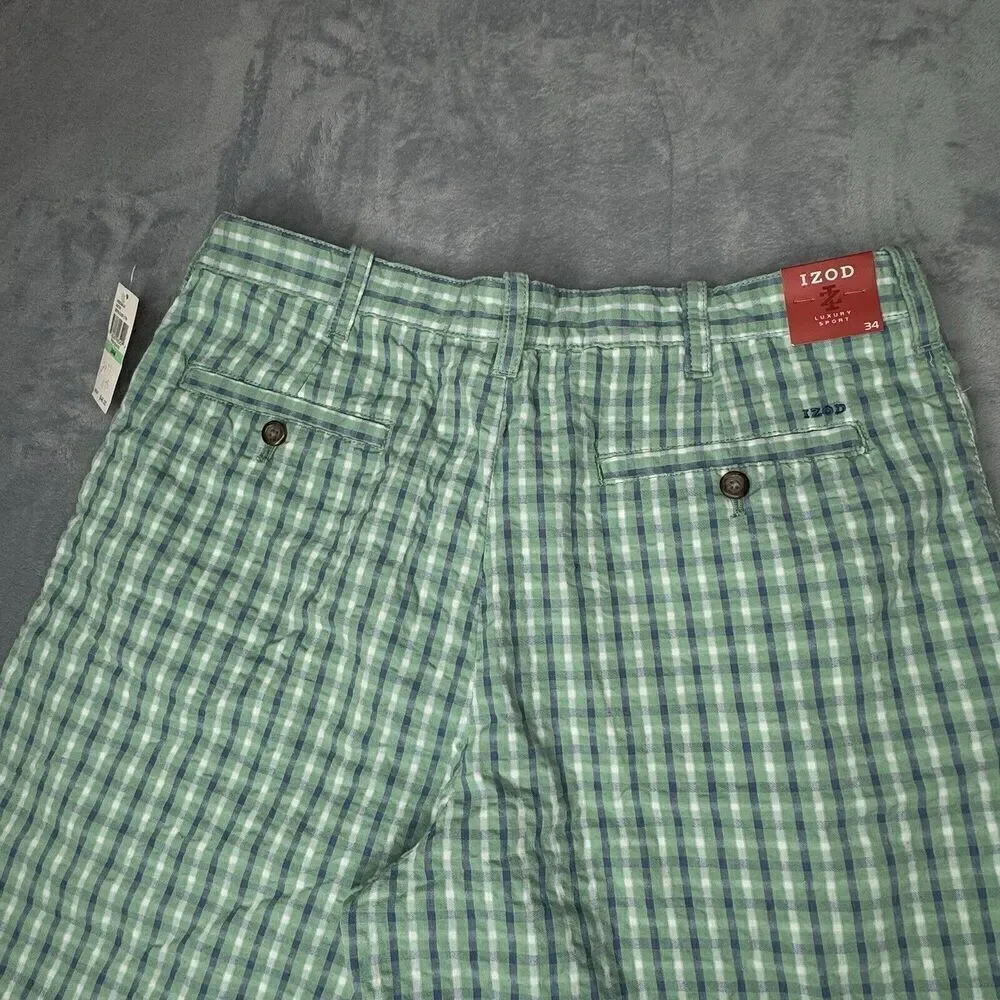 IZOD Men 34 Shorts Green Seersucker Plaid Luxury Sport Chino Golf Flat 9